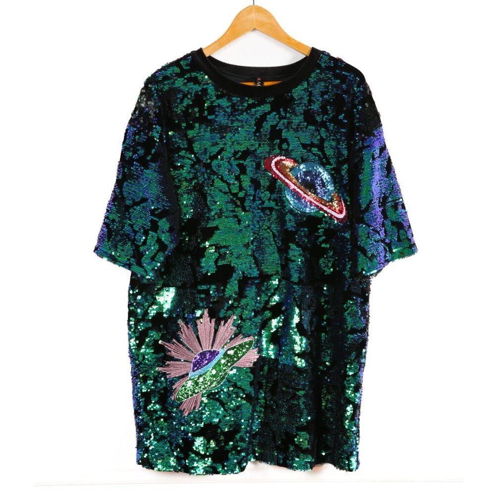 Sequin Mini Dress with Planet Embellishments - Green